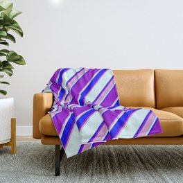 [ Thumbnail: Dark Violet, Plum, Light Cyan & Blue Colored Lined/Striped Pattern Throw Blanket ]