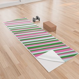 [ Thumbnail: Forest Green, Hot Pink, and Light Cyan Colored Stripes/Lines Pattern Yoga Towel ]