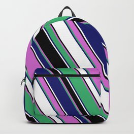 [ Thumbnail: Vibrant Orchid, Sea Green, Midnight Blue, White & Black Colored Lines Pattern Backpack ]
