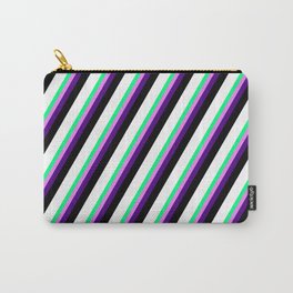 [ Thumbnail: Vibrant Green, Violet, Indigo, Black, and White Colored Striped/Lined Pattern Carry-All Pouch ]