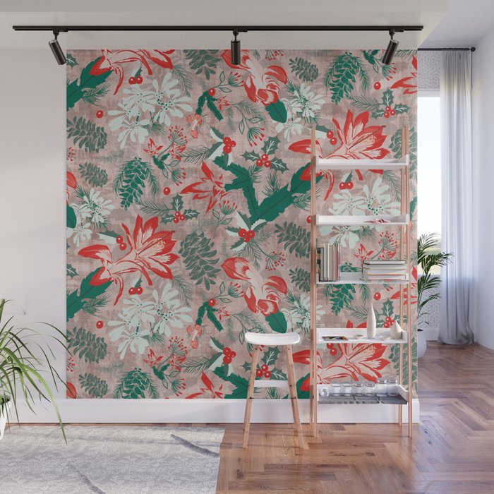 Botanical Winter Wonder with Christmas cactus, Snow Flake, Pine Cones and Holly Wall Mural