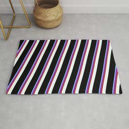 [ Thumbnail: Light Sky Blue, Purple, Red, Mint Cream, and Black Colored Lined/Striped Pattern Rug ]