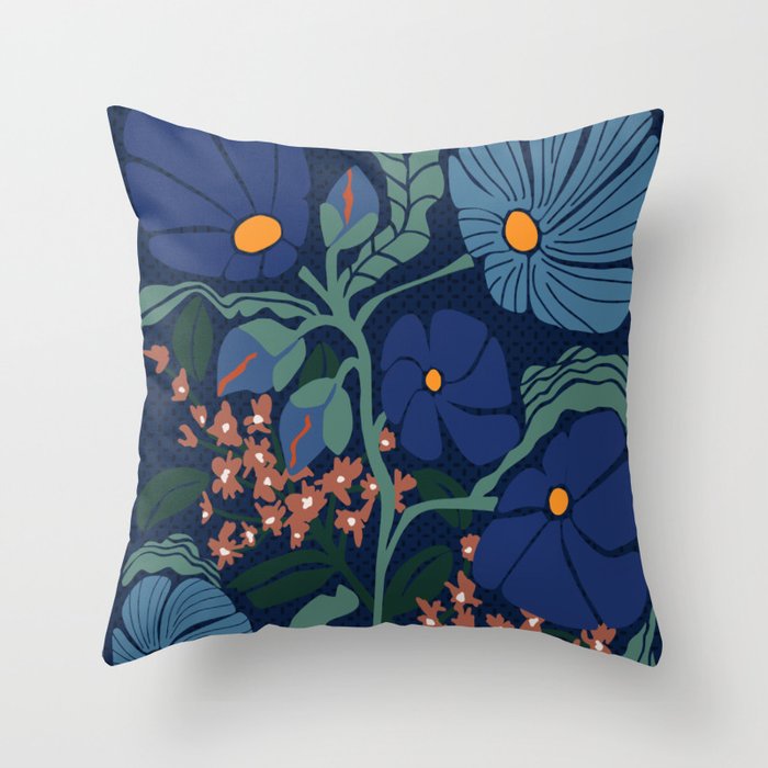 Klimt flower dark blue Throw Pillow | Graphic-design, Digital, Cottage, Flowers, Vintage, Illustration, Botanical, Shapes, Art, Simple