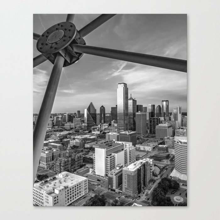 Dallas Skyline Through Reunion Tower - Texas - Black And White Canvas Print