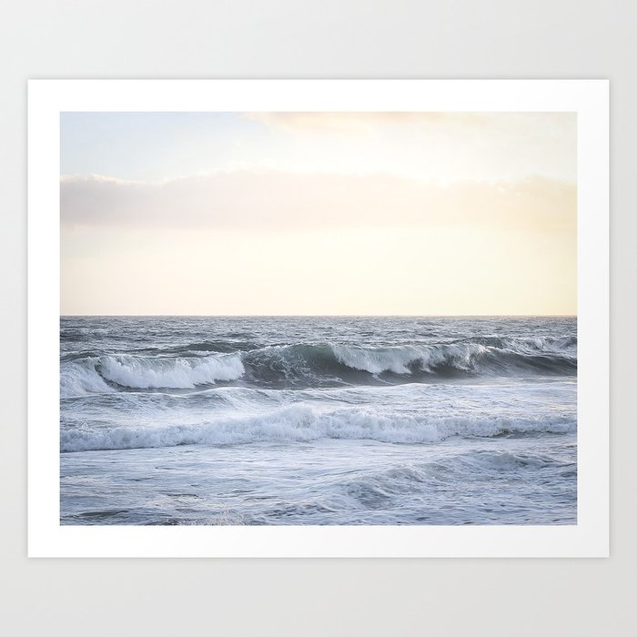 Sea Waves Modern and Vintage Beach Aesthetic Photography of Artsy Light Yellow Pink Sky Art Print