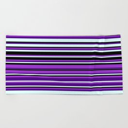 [ Thumbnail: Dark Orchid, Indigo, Light Cyan, and Black Colored Striped/Lined Pattern Beach Towel ]