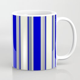 [ Thumbnail: Beige, Dark Grey, Blue, and Slate Gray Colored Pattern of Stripes Coffee Mug ]