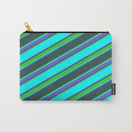 [ Thumbnail: Cyan, Slate Blue, Dark Slate Gray & Lime Green Colored Stripes Pattern Carry-All Pouch ]