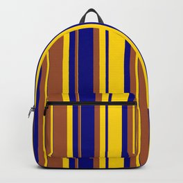 [ Thumbnail: Yellow, Sienna & Blue Colored Striped Pattern Backpack ]