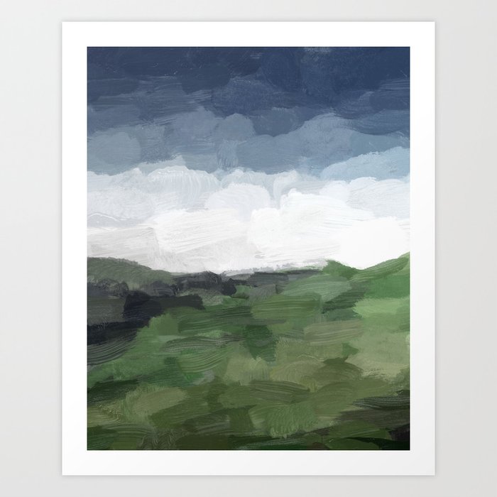 Before Nightfall - Navy Indigo Blue White Clouds Green Farmland Horizon Abstract Nature Painting Art Print
