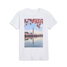 Cherry Blossom in Washington DC Tidal Basin with Washington Monument and pink cherry trees reflecting in the water Kids T Shirt