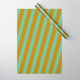 [ Thumbnail: Dark Goldenrod & Aquamarine Colored Striped/Lined Pattern Wrapping Paper ]
