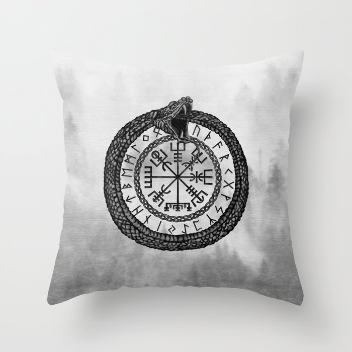 Vegvisir with Ouroboros and runes grayscale Throw Pillow by Creativemotions Society6