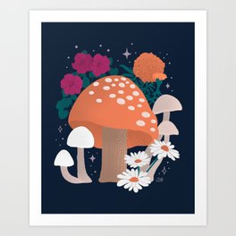 Midnight Mushrooms - Orange and Navy Art Print