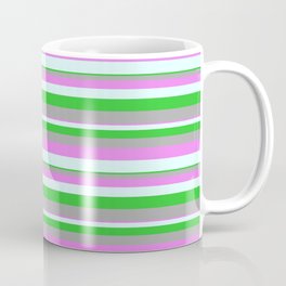 [ Thumbnail: Violet, Light Cyan, Lime Green, and Dark Grey Colored Lines/Stripes Pattern Coffee Mug ]