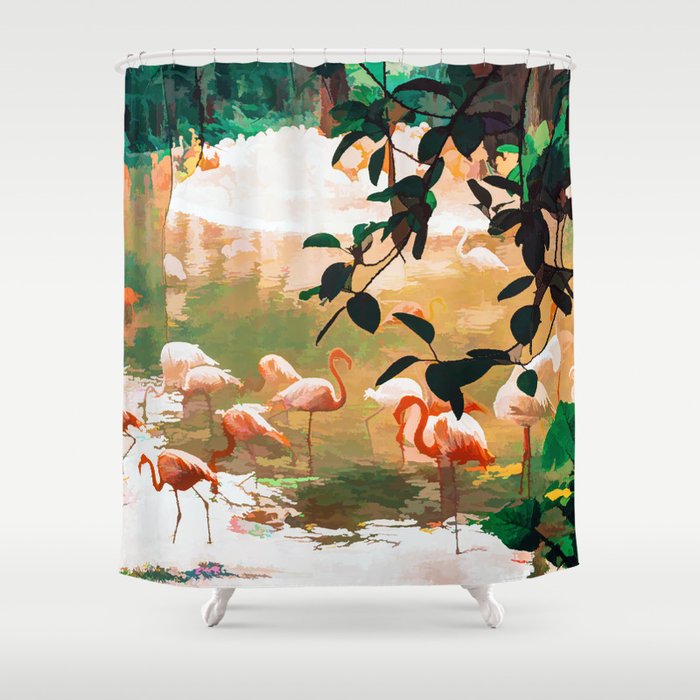 Flamingo Sighting, Jungle Nature Wildlife Birds Painting, Animals Forest Safari Illustration Shower Curtain