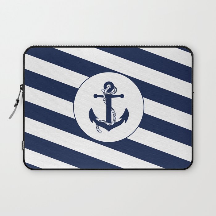 Nautical Anchor Navy Blue & White Stripes Beach Laptop Sleeve