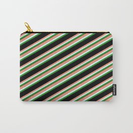 [ Thumbnail: Dark Salmon, Light Cyan, Forest Green & Black Colored Striped Pattern Carry-All Pouch ]
