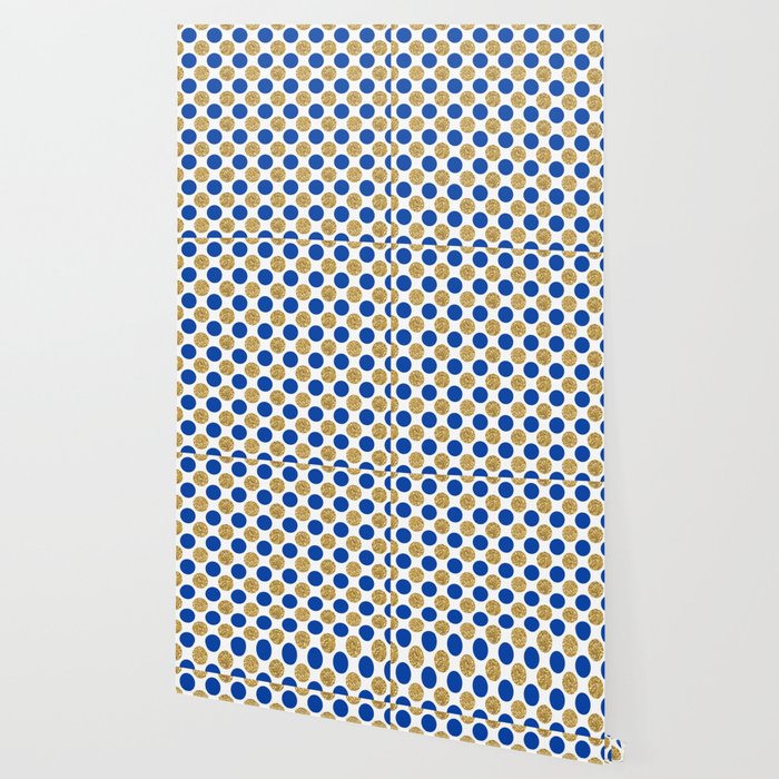 Pastel Pink Navy Blue Faux Gold Glitter Polka Dots Wallpaper By