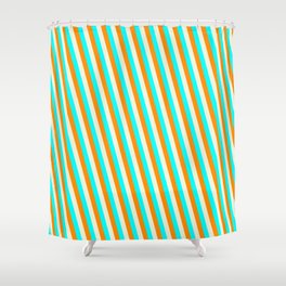 [ Thumbnail: Dark Orange, Beige & Cyan Colored Lined Pattern Shower Curtain ]
