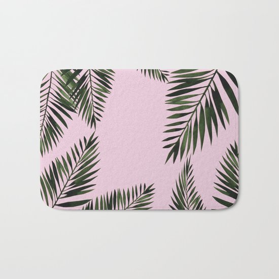 Watercolor tropical palm leaves pink Bath Mat