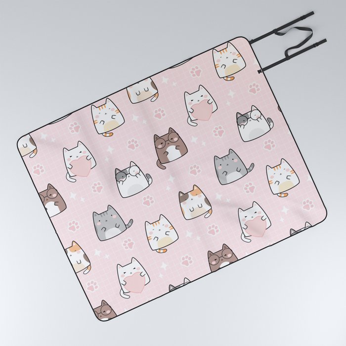 Pink Kawaii Cute Cats Pattern Picnic Blanket