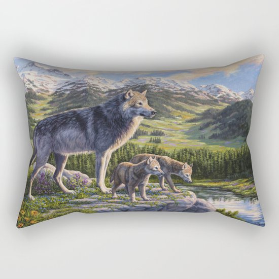 Mother Gray Wolf and Pups River Valley Rectangular Pillow
