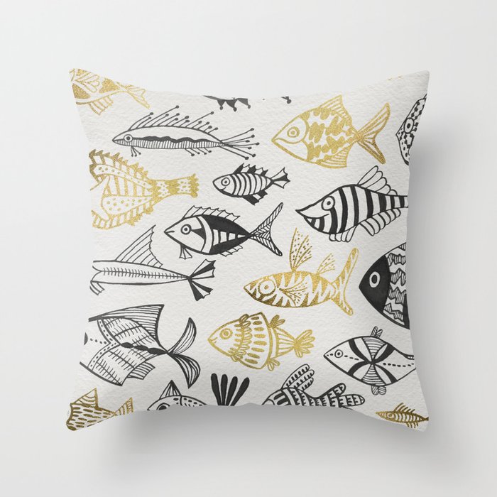 Inked Fish – Black & Gold Throw Pillow