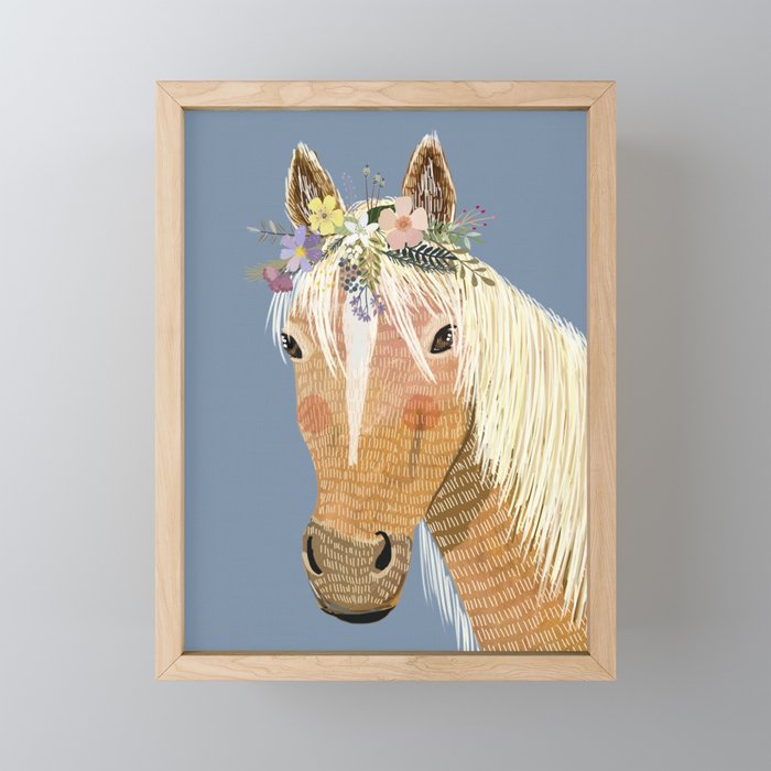Horse with flower crown Framed Mini Art Print