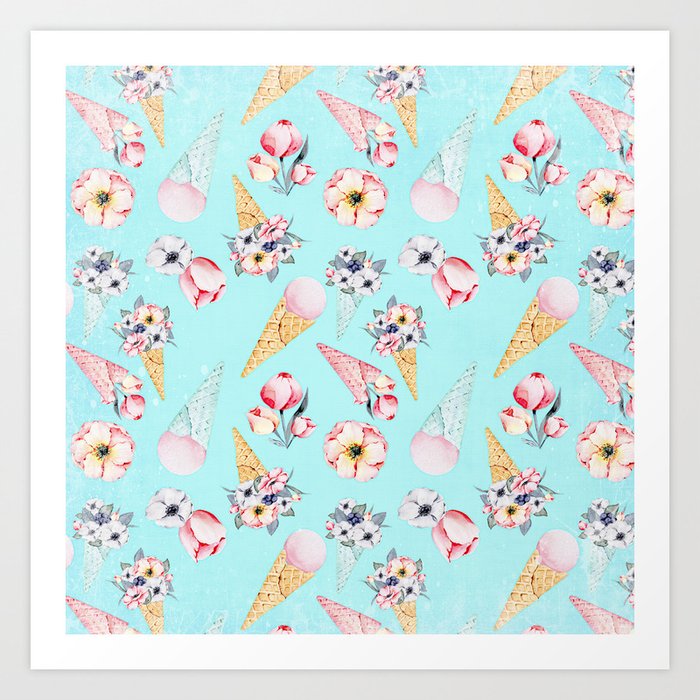 Pink & Teal Summer Fun Flower Ice Cream Cone - Pattern Art Print