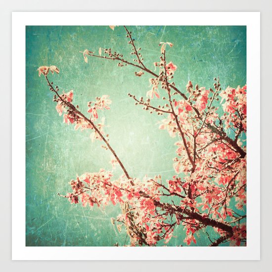 Pink Autumn Leafs on Blue Textured Sky (Vintage Nature Photography) Art Print