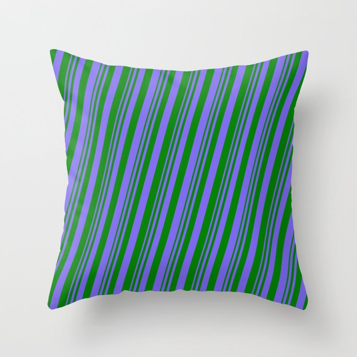 Medium Slate Blue & Green Colored Lines Pattern Throw Pillow