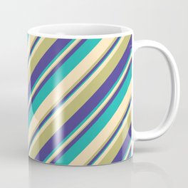 [ Thumbnail: Beige, Dark Khaki, Dark Slate Blue, and Light Sea Green Colored Striped Pattern Coffee Mug ]