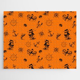 Orange And Black Silhouettes Of Vintage Nautical Pattern Jigsaw Puzzle