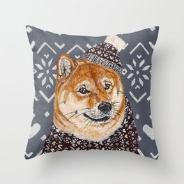 Shiba Inu in a  Hat and Scarf Throw Pillow