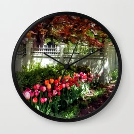 Tulips by Dappled Fence Wall Clock | Tulips, Susansavad, Japanesemaples, Pink, Fence, Orange, Dappled, Photo, Trees, Red 