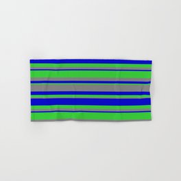 [ Thumbnail: Blue, Lime Green & Gray Colored Lined/Striped Pattern Hand & Bath Towel ]