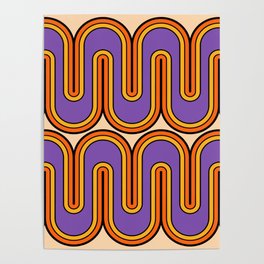 Retro 70s Style Geometric Sonic Wave Pattern 531 Orange Purple and Yellow Poster