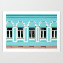  Old city, Prettily suburban town. Architectural details and decoration of the vintage stucco facade framing the windows - console, protome, mascaron, capital, pilasters, wreaths, relief and other.  Art Print