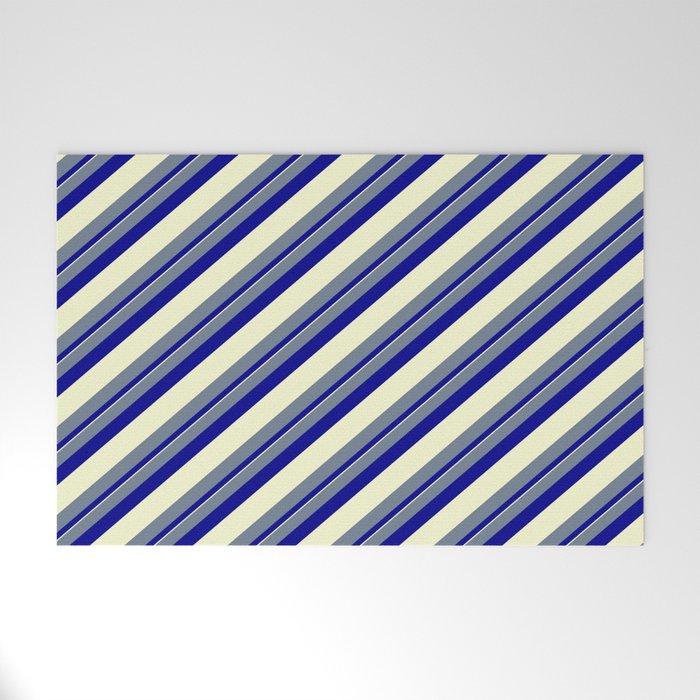 Slate Gray, Dark Blue & Light Yellow Colored Lined Pattern Welcome Mat