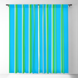 [ Thumbnail: Deep Sky Blue, Lime Green, and Powder Blue Colored Striped Pattern Blackout Curtain ]
