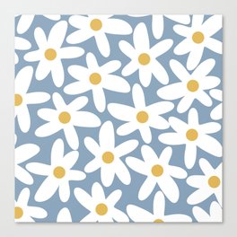 Daisy Time Retro Floral Pattern in Light Blue, White, and Mustard Canvas Print