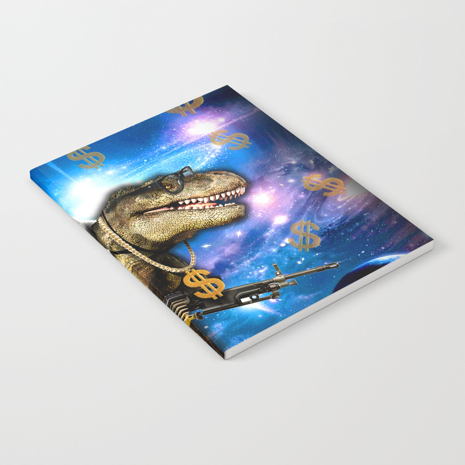 Cat Kitty Travel Through Galaxy On Dinosaur T Rex With Guns And