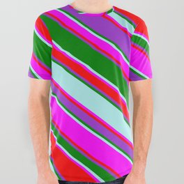 [ Thumbnail: Eyecatching Fuchsia, Red, Dark Orchid, Green & Turquoise Colored Lined Pattern All Over Graphic Tee ]