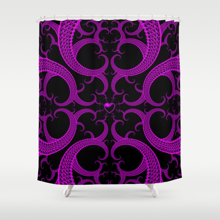 Purple Gothic Fractal Heart Pattern Shower Curtain