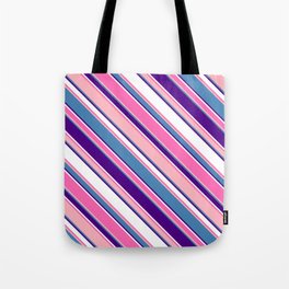 [ Thumbnail: Colorful Hot Pink, Light Pink, Blue, Indigo & White Colored Stripes Pattern Tote Bag ]