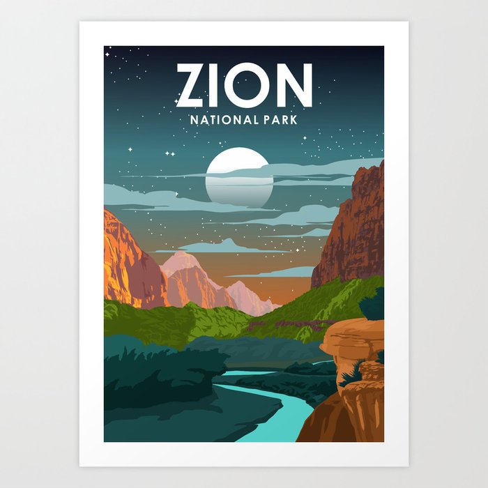 Zion National Park Night Sky Stars Travel Poster Art Print