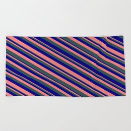 [ Thumbnail: Light Coral, Dark Slate Gray & Blue Colored Striped/Lined Pattern Beach Towel ]