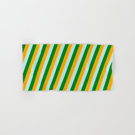 [ Thumbnail: Orange, Turquoise, and Green Colored Lined Pattern Hand & Bath Towel ]