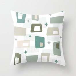 Atomic Age - Mid Century Modern Blocks in Olive Green, Light Green, Teal and Cream Throw Pillow